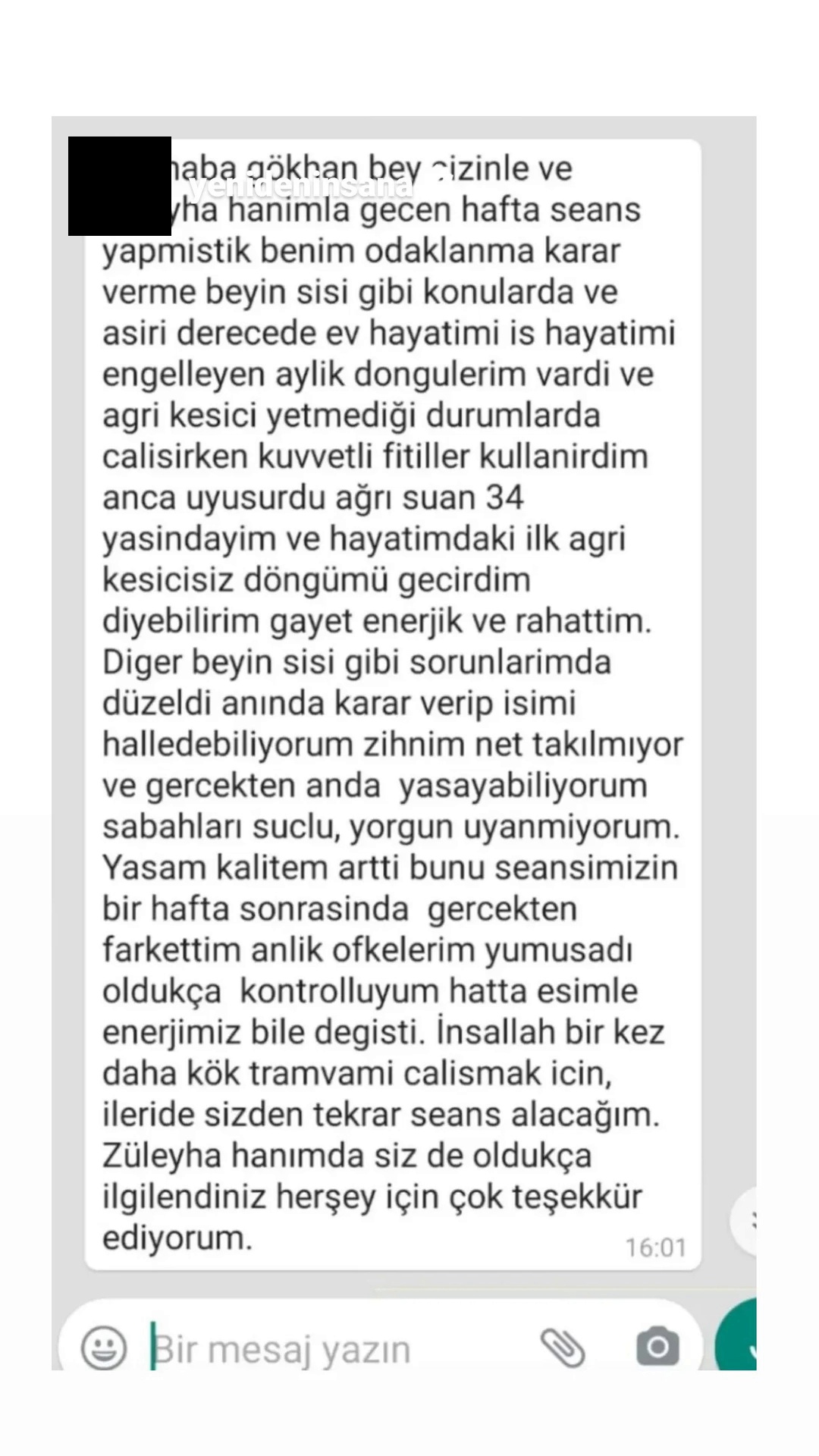 Odaklanma, beyin sisi ve adet dönemi üzerine danışan yorumu — kişisel bilgileri kapatılmış mesaj görseli