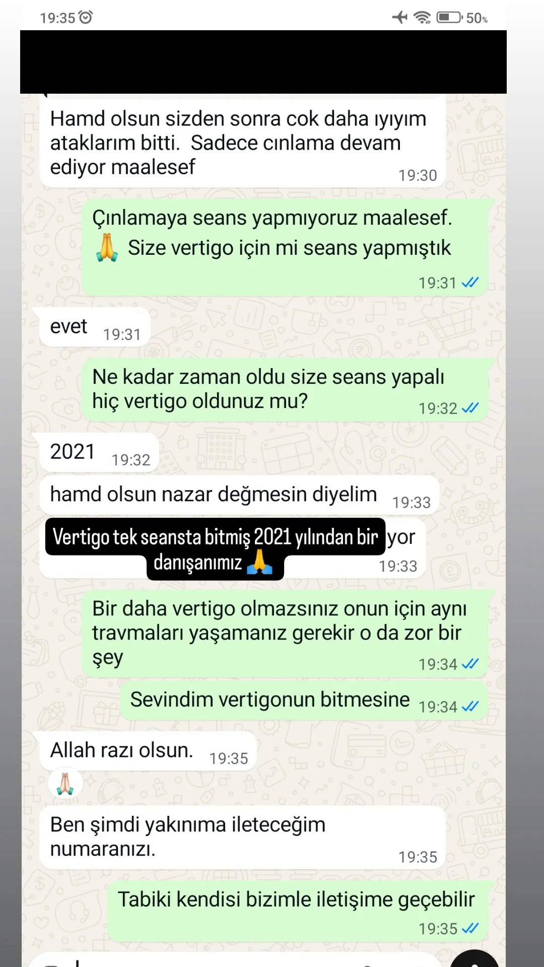 Vertigo atakları ve devam eden çınlama üzerine takip mesajı — kişisel bilgileri kapatılmış mesaj görseli