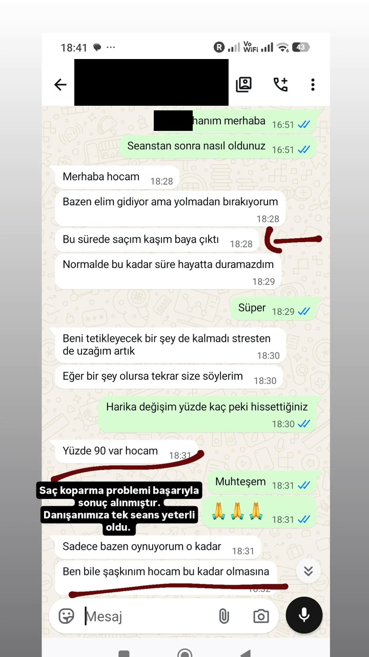 Saç ve kaş koparma davranışı üzerine seans sonrası takip mesajları — kişisel bilgileri kapatılmış mesaj görseli