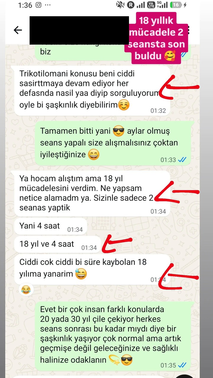 18 yıllık saç koparma deneyimi üzerine WhatsApp ve Instagram mesajları — kişisel bilgileri kapatılmış mesaj görseli
