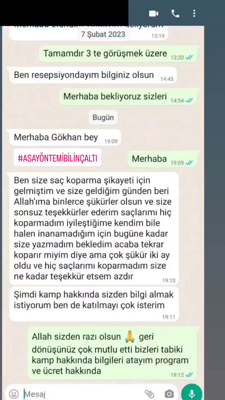 Saç koparma üzerine iki ay sonraki mesaj ve sonraki takip yazışması — kişisel bilgileri kapatılmış mesaj görseli
