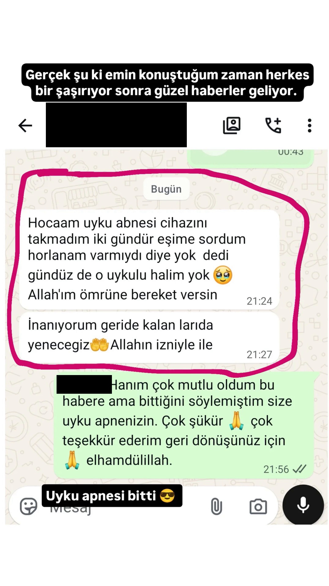 Uyku apnesi üzerine WhatsApp yazışması ve sesli takip mesajı