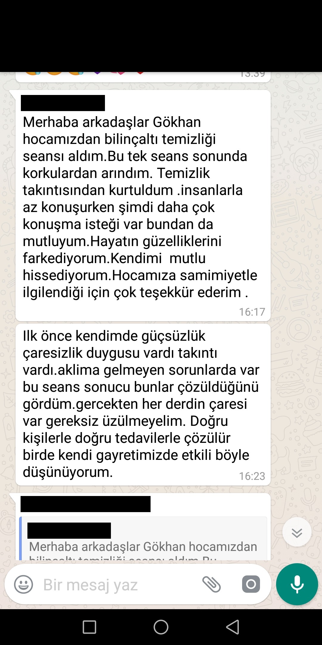 Korkular, temizlik takıntısı ve iletişim üzerine danışan yorumu — kişisel bilgileri kapatılmış WhatsApp mesajı