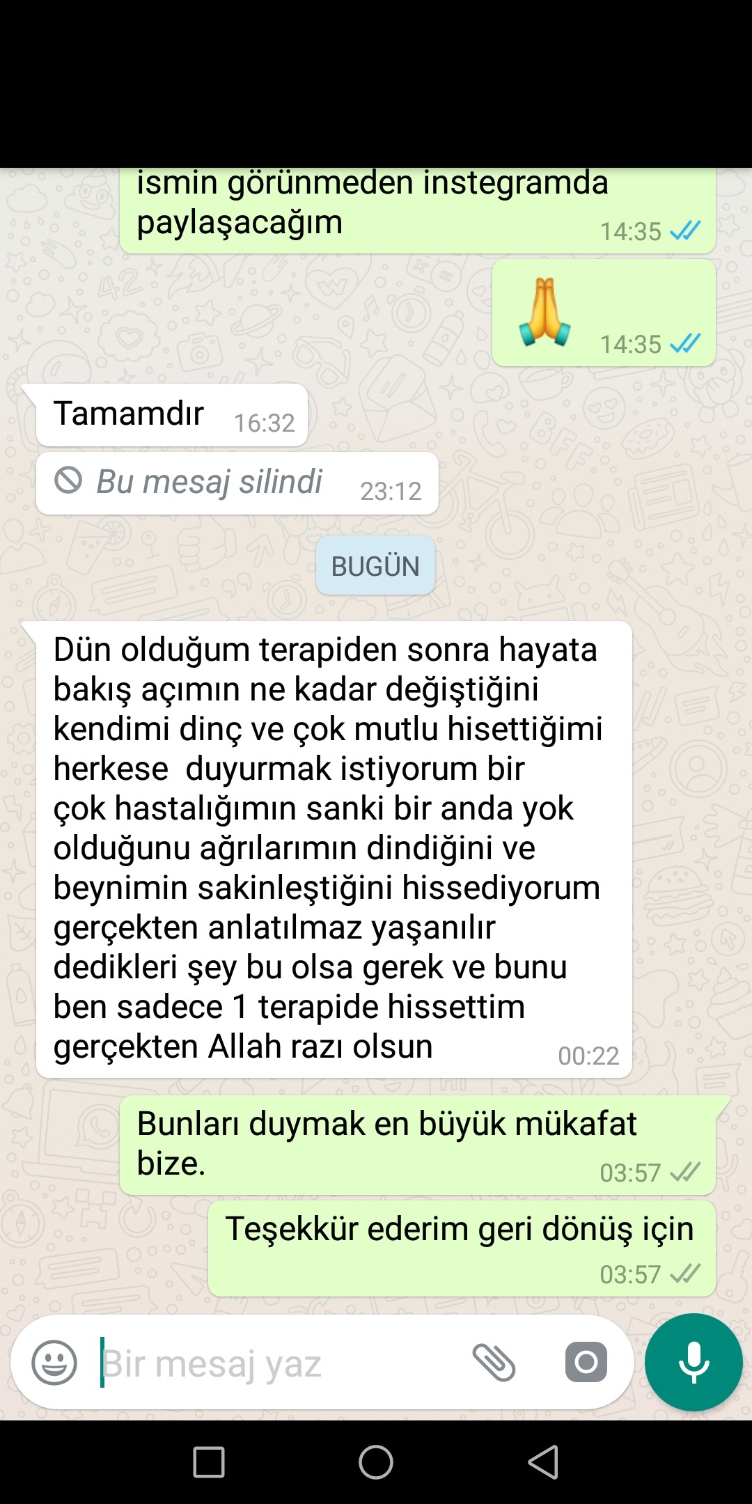 Seans sonrası bakış açısı ve bedensel hisler üzerine yorum — kişisel bilgileri kapatılmış WhatsApp mesajı